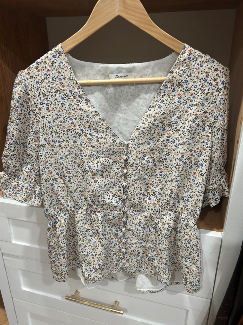 Madewell Cream Floral Button-Front Peplum Silk Blouse with Blue & Orange